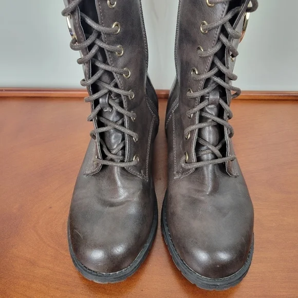 Michael Kors Dark Brown Leather with Gold Detail Lace/Zip Combat Boots Size 6 - Picture 8 of 12